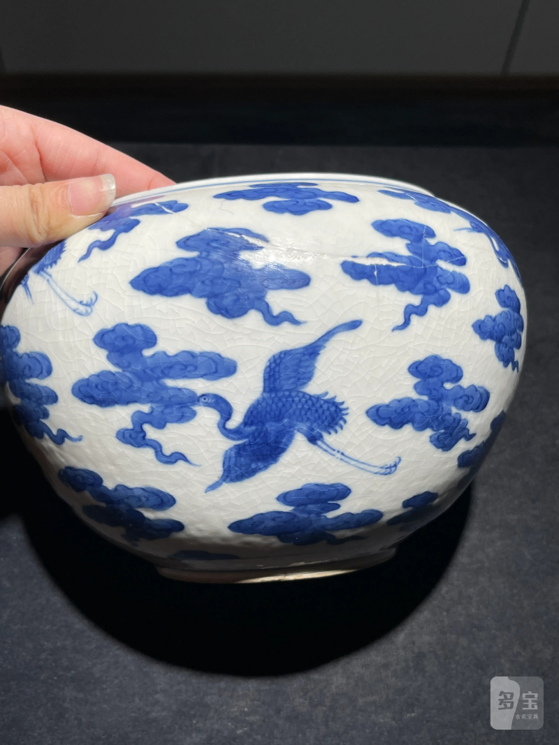 清道光 浆胎青花云鹤纹钵 - 图3
